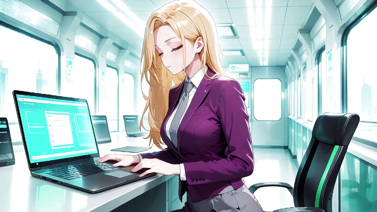 Chefe loira de terno roxo! Trem do escritório momentos privados. Ela está multitarefa com arquivos enquanto ajusta secretamente sua saia ...