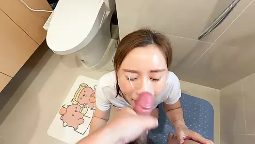 A lewd masochistic wife craved a while showering, so she gave her a deepthroat and sprayed semen all over her face.