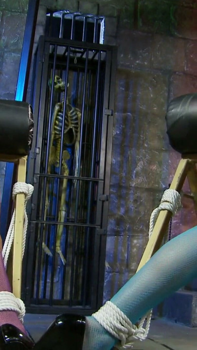 Blonde and brunette sex slaves get their hot asses slapped in a dungeon | Clip 3