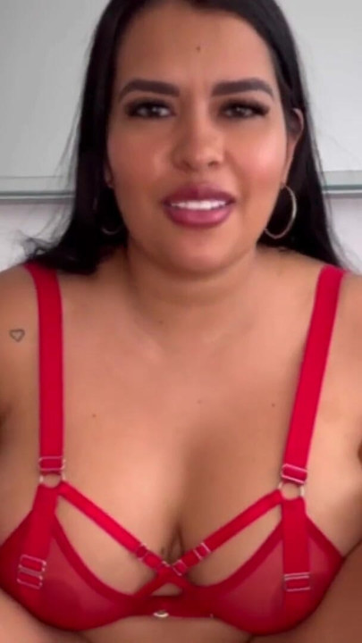 Pov Latina with huge ass in red lingerie masturbates with her BBC dildo | Clip 1
