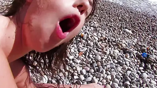Shaved muff takes every inch on the rocks