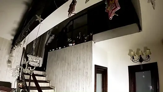 Dark Staircase Seduction. Shiny Long Jacket, Under Sheet Sex and Double Cum Finish