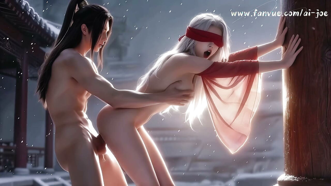 A Chinese classical beauty with skin as white as snow, dressed in red and with white hair. Blowjob, cum,episode-1, AI-generated