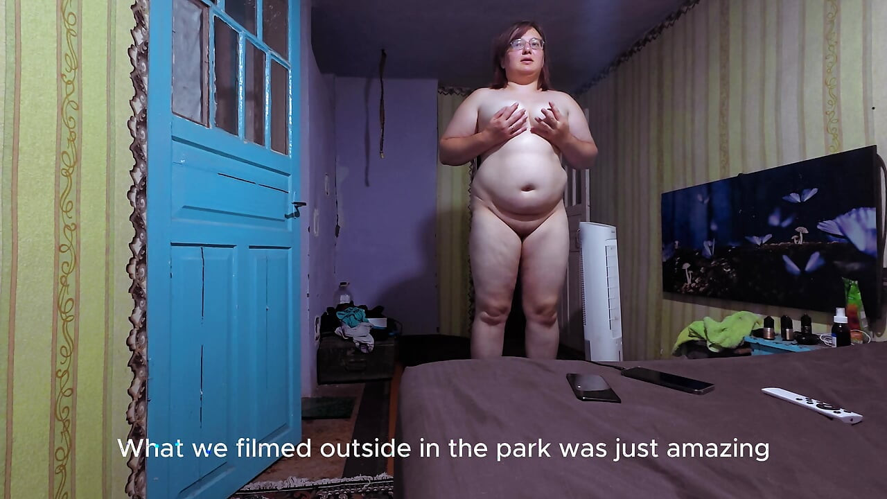 Naked Curvy Brunette on Vibration Platform Reads Comments with English Subtitles