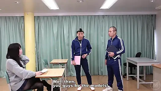 Japanese girl Sayaka in uniform wants to sketch the boners of naked men