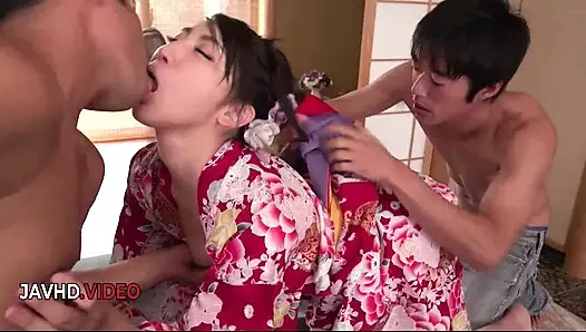 Naughty Asian Yuna Shiratori enjoys intense Japanese creampie trio session