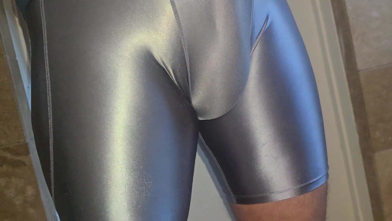 Silver shiny spandex bulge rub
