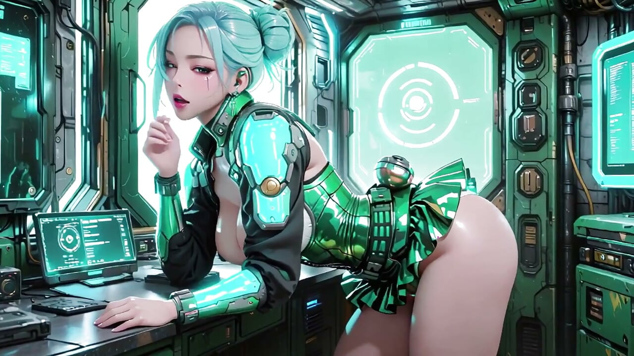 The Green Armored Girl! Silver-haired Valkyrie kneeling and glancing back, fingertips tracing her cold metallic suit.