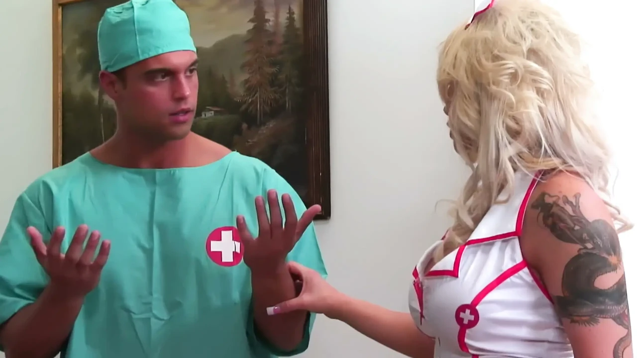 White Lace-up Boots on the Hospital Bed - Tattooed Blonde Nurse and the Guy in Scrubs