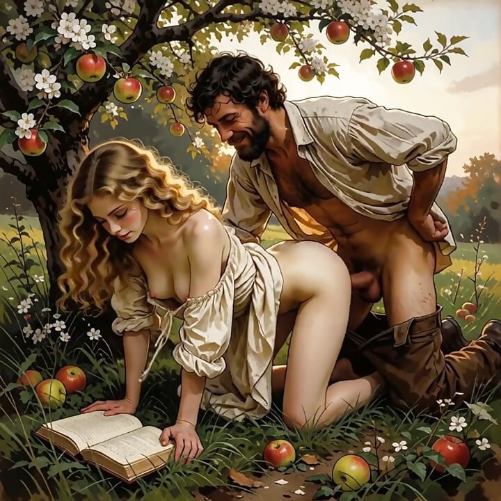 She Kept Reading Under the Apple Tree While He Finished What the Book Started (AI generated).