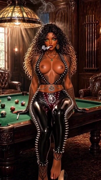 AI animation ebony island girl pool shark plays for keeps then dominates you smoking and demands you finish on her feet | Clip 2