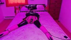 Sissy Maid in Armbinder and Ankle Cuffed to bed in Chastity