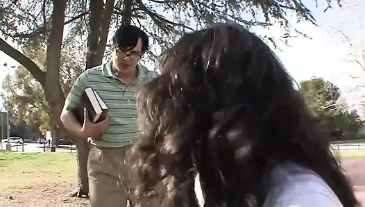 Teen sucks a mature cock instead of studying