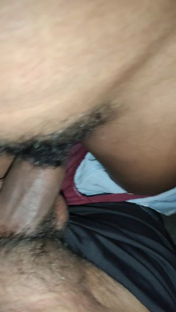 Rubbing penis in her hair pussy