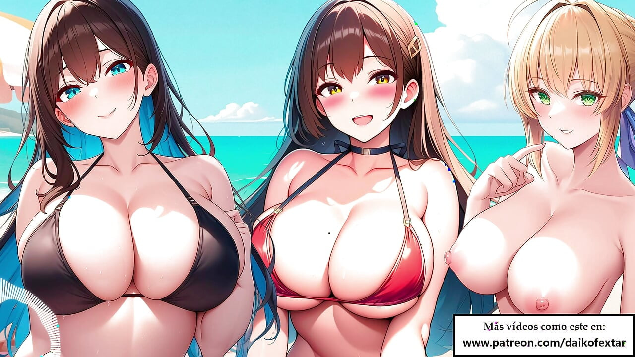 Ισπανικό παιχνίδι ρόλων JOI - Hentai κορίτσια σας δίνουν ένα συλλογικό αυνανισμό στην παραλία.