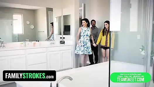 Busty stepmom pounds disobedient stepdaughter while stepdaddy drills her milf twat