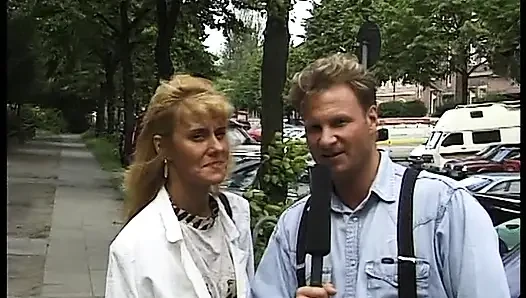 Blonde milf giving an interview