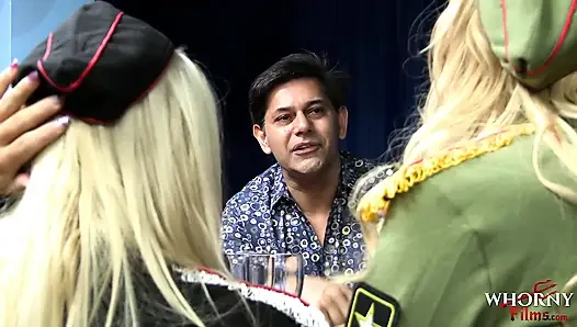 WHORNY FILMS - Fake Military Blondes in Uniforms Busted at Bar - Strip Naked & Share Bartender's Cock
