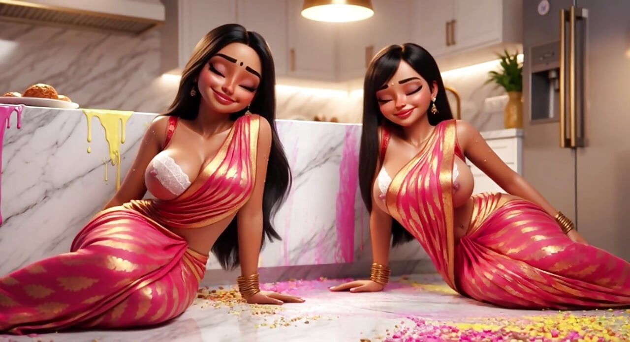 Dos voluptuosas lesbianas indias limpiando el piso de la cocina a cuatro patas en revelación tradicional sin bragas