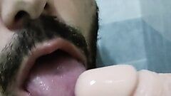 a sloppy and dirty blowjob to a 8 inches dildo with deep throat, dialog JOI and Gagging