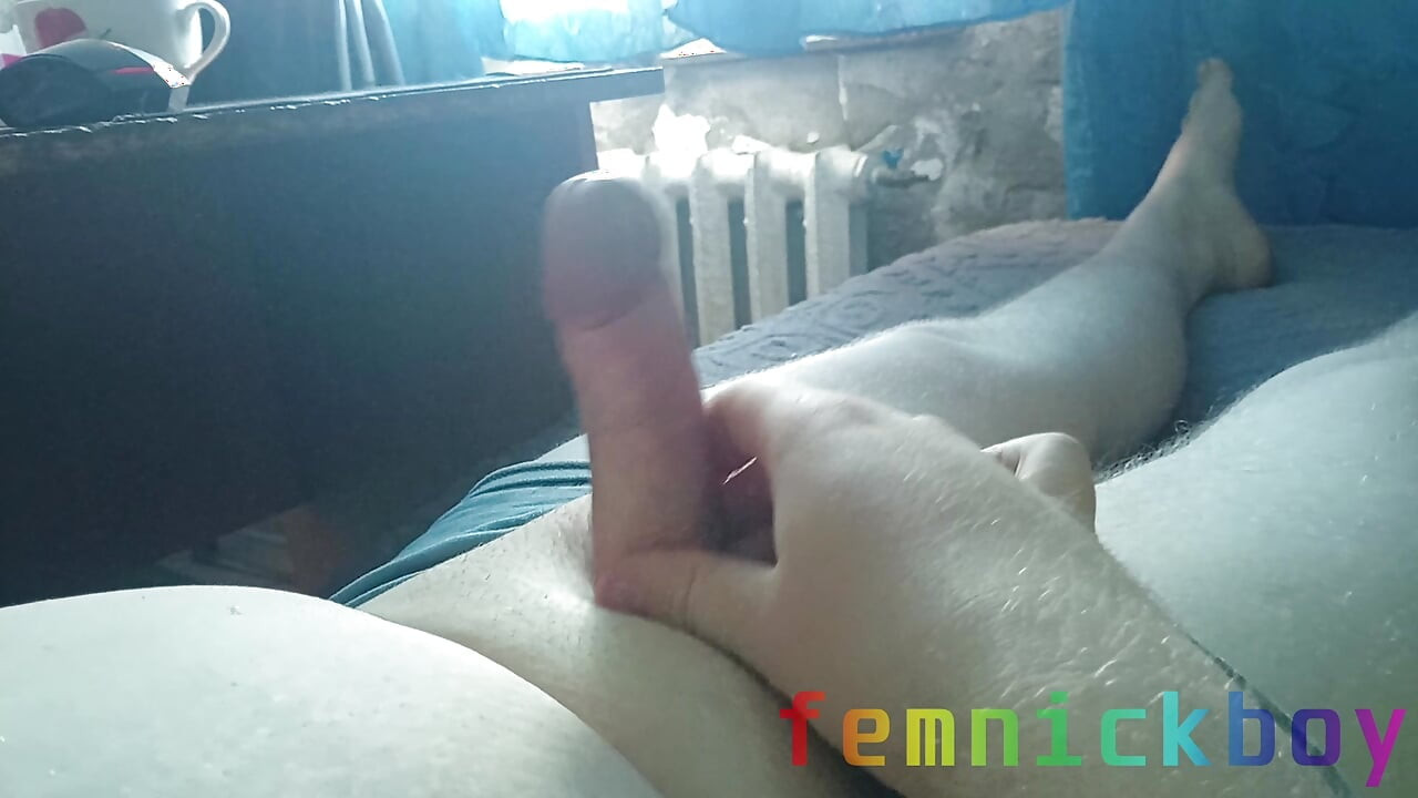 Fat sissy jerks off his floppy cock and cums