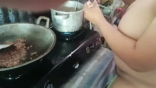 Stripping mother-in-law who is cooking