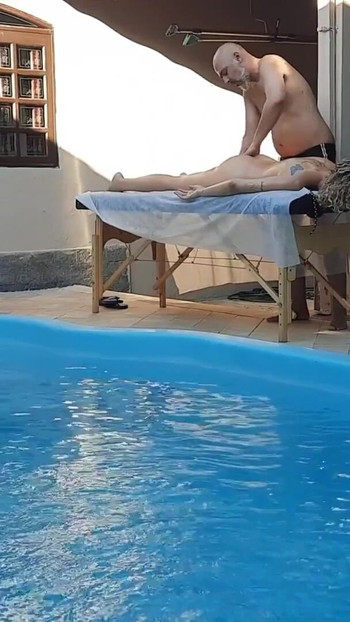Key moment from "Massage in the pool. The therapist couldn't hold back and made her cum in his mouth."