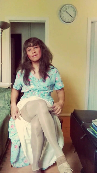 Lady Jhazmeena CD Showing Off Her Slip, Legs, & Thigh-Hi Stockings