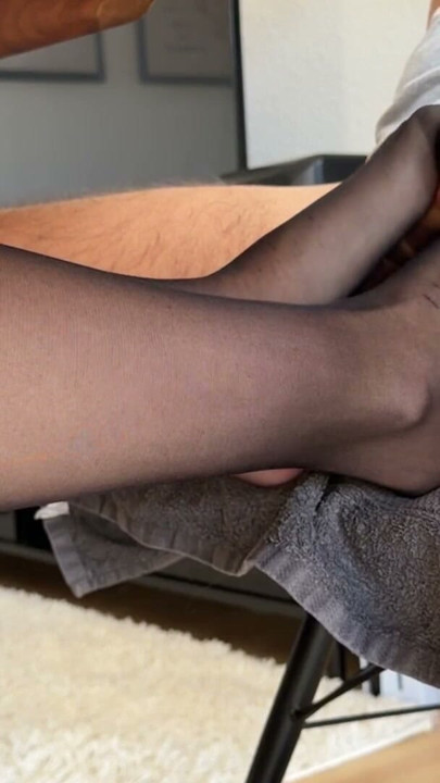 Bored study partner loves giving nylon footjob | Clip 3