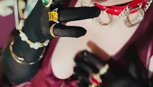 Red Leather & Cigarettes! Tina Snua Smoking A Cigarette Wearing Black Sheer Gloves & Jewelry