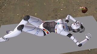 Ein animiertes 3D-porno-video eines schönen Robotermädchens, das sex zu dritt mit einem mann und einem mädchen hat