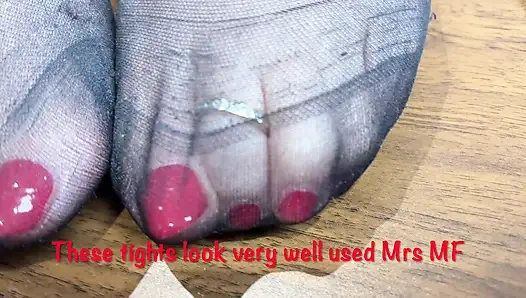 Mrs Mature Feet wearing her oldest work tights