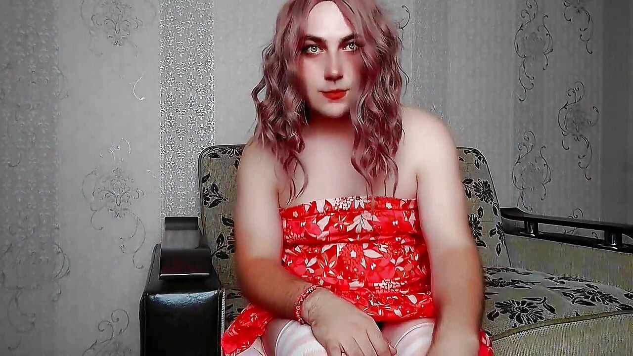 Playful femboy peeking from behind lace curtain