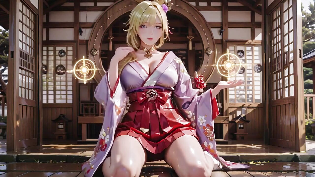 Dewi blonde di Koridor Jepun, gazes malas, tangan di pinggul, cahaya matahari mengeringkan kulitnya