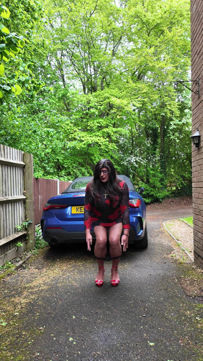 Crossdresser kellycd2022 in long black and red see thru dress and heels | Clip 2