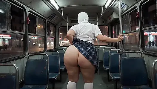 BBW Masked Schoolgirl Twerks Big Ass in Public Bus at Night