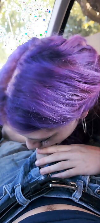 Purple haired alt teen worships thick cock, and gets cum