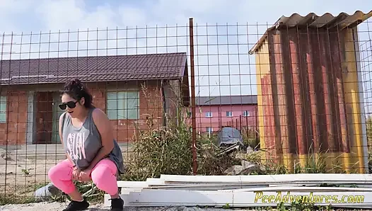 Outdoor peeing of a girl with large breasts - She had to pee twice because her bladder was so full