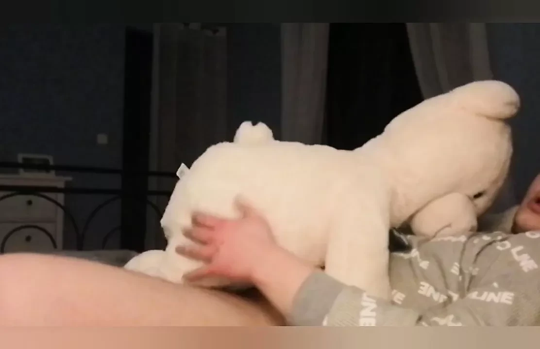 Sex with big teddy bear and cum on face
