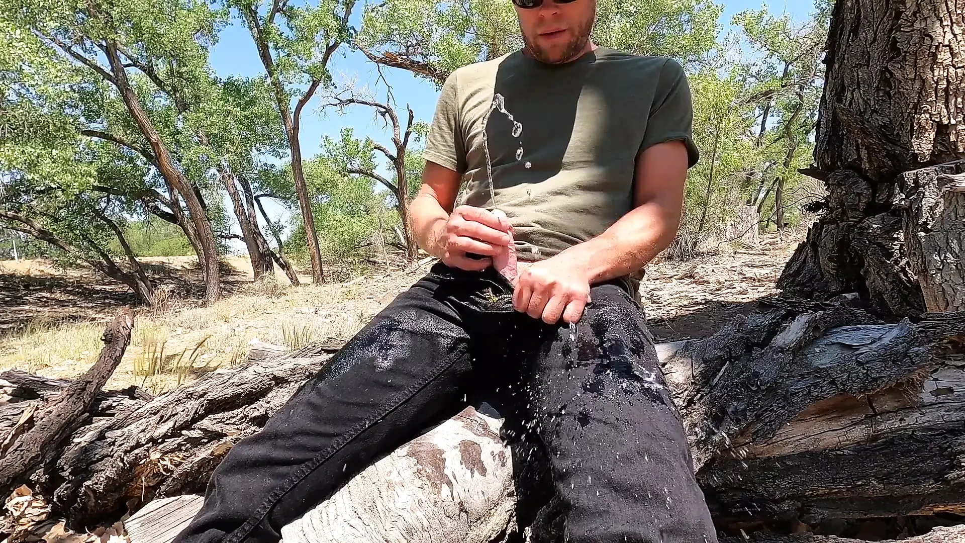 Wetting New Black Jeans in Public