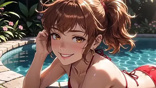 Девушка с ИИ чувственно у бассейна - Студио Ghibli Style