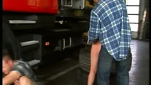 Pretty blonde German bitch fucked by two dudes in the workshop