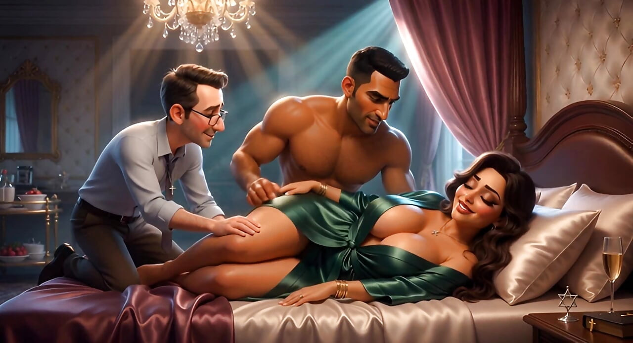 A Muslim man and a Jewish wife, with her cuckold  Christian husband watching her being fucked.