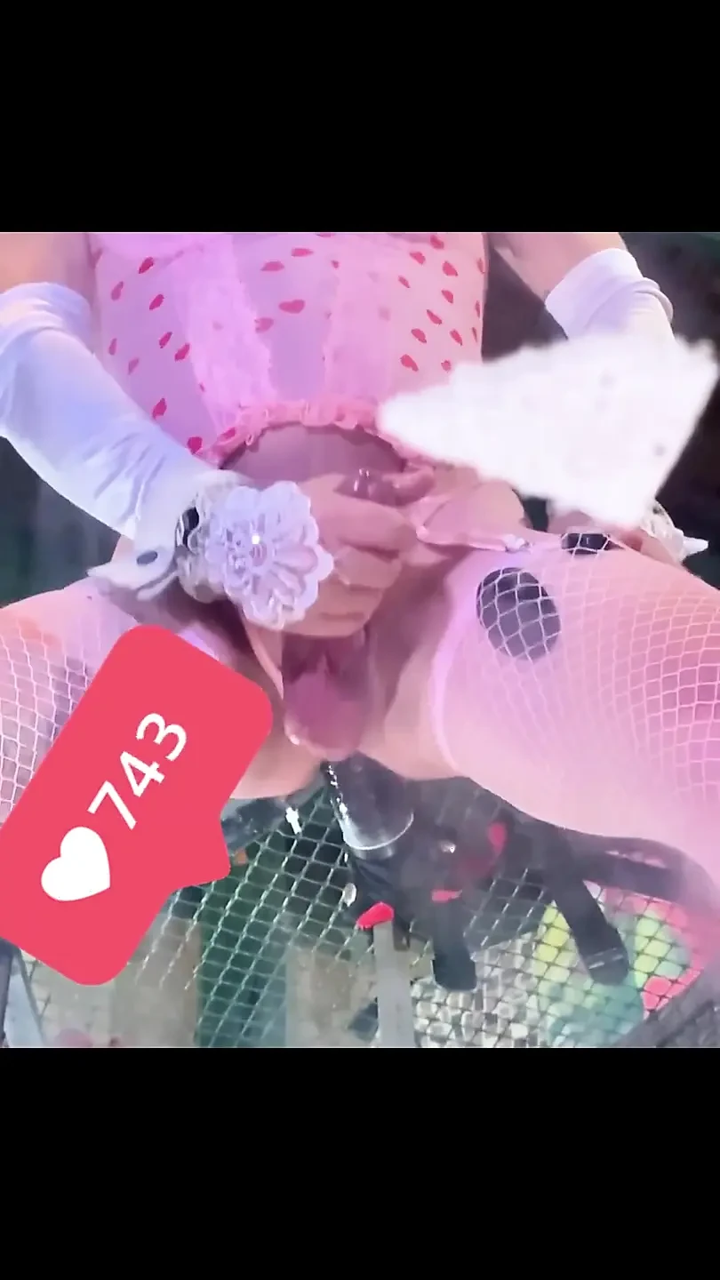 Pink Stocking Lingerie Shemale Riding Black Dildo on the Wall