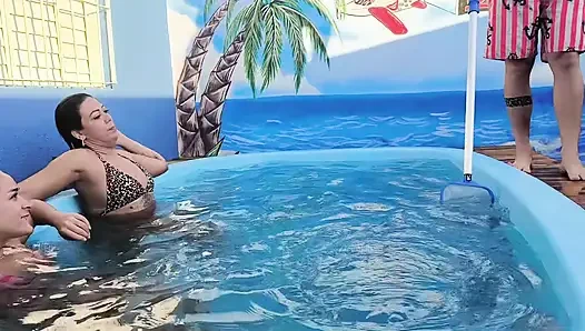 3 naughty friends paying the pool owner on the xerecard