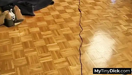 A petite blonde bombshell gives a small dick guy a wet blowjob