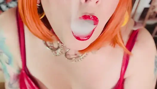 Lady In Red Is Smoking With Me...Tina Snua Smokes A Cork cigarette In Leather And Latex