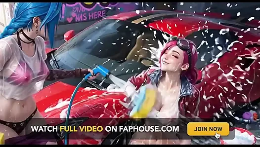 Jinx and Vi Washing the Red Ferrari Wet and Soapy