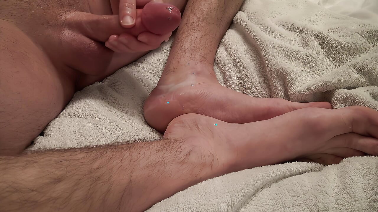 Straight Guy Blasts Thick Ropes of Cum All Over His Smooth Feet Close-up