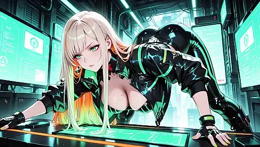 Neon Rain Night! Blonde Agent in Wet Leather Crouching Low, Holographic Glow & Cold Glances.